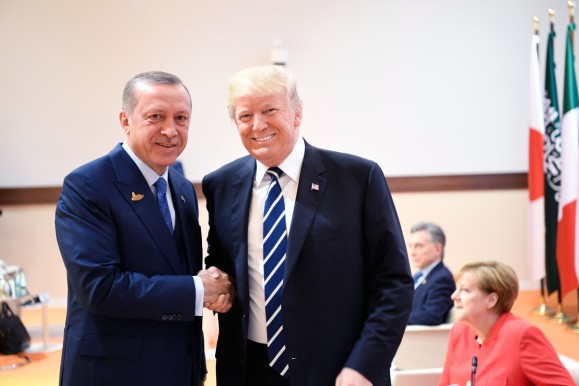 Donald Trump, President of the United States of America, welcomes Recep Tayyip Erdoğan, President of Turkey, before the beginning of a retreat on counter-terrorism.