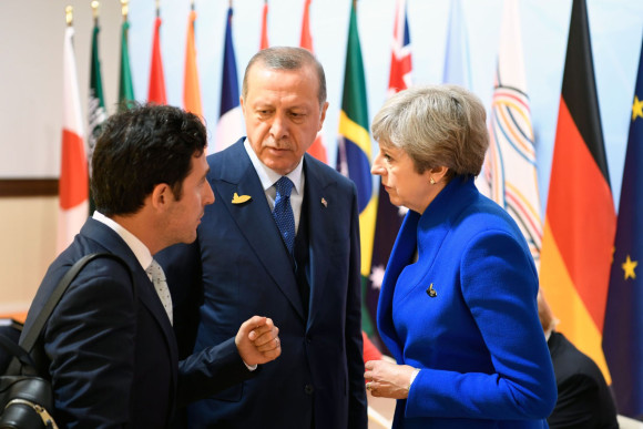 Recep Tayyip Erdoğan, President of Turkey, talking to British Prime Minister Theresa May before the retreat on counter-terrorism.