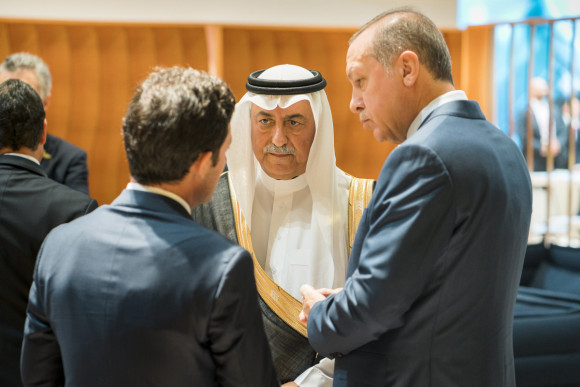 Recep Tayyip Erdoğan, President of Turkey, in conversation with Ibrahim bin Abdulaziz Al-Assaf, State Minister of the Kingdom of Saudi Arabia, before the start of a retreat on counter-terrorism.